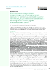 Минимальные подавляющие концентрации антибактериальных препаратов для штаммов Staphylococcus epidermidis, выделенных из содержимого трахеобронхиального дерева новорожденных детей