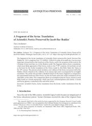 A FRAGMENT OF THE SYRIAC TRANSLATION OF ARISTOTLE’S POETICS PRESERVED BY JACOB BAR SHAKKO