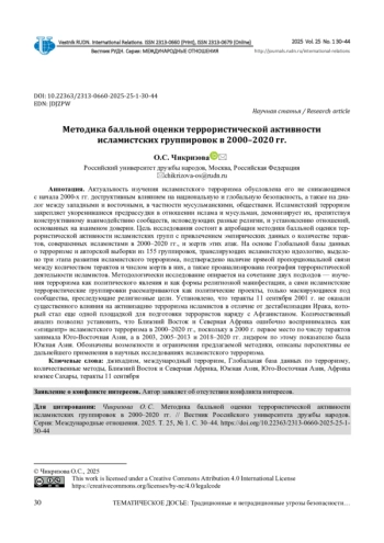 МЕТОДИКА БАЛЛЬНОЙ ОЦЕНКИ ТЕРРОРИСТИЧЕСКОЙ АКТИВНОСТИ ИСЛАМИСТСКИХ ГРУППИРОВОК В 2000-2020 ГГ.