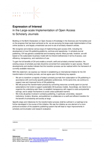Expression of Interest
in the Large-scale Implementation of Open Access
to Scholarly Journals
